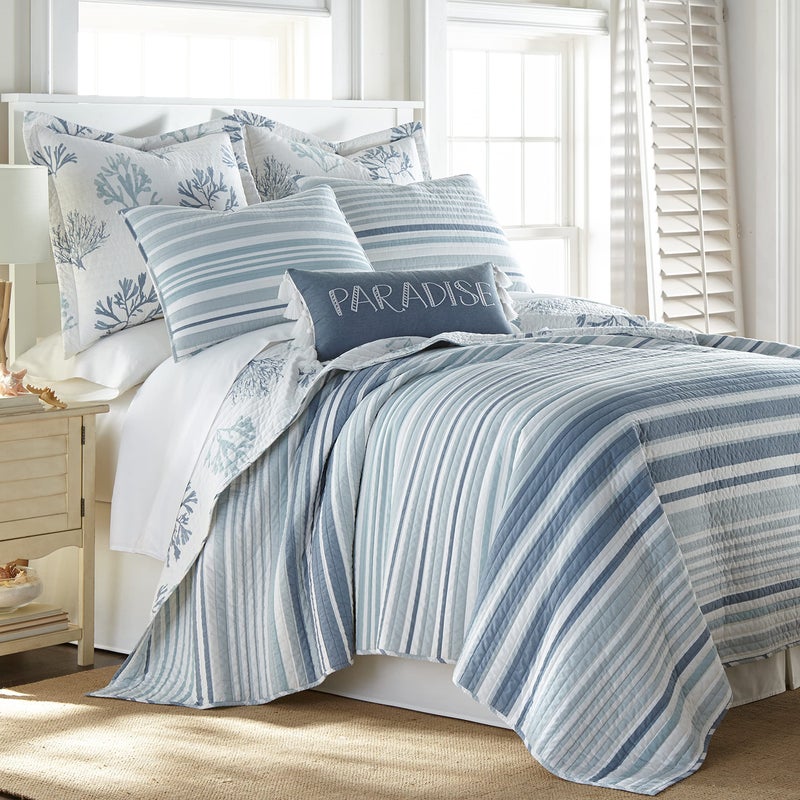 Levtex Home - Truro Quilt Set - Full/Queen Quilt + Two Standard Pillow Shams - Stripe in Shades of Blue - Quilt Size (88x92in.) and Pillow Sham Size (26x20in.) - Reversible - Cotton - Image 1